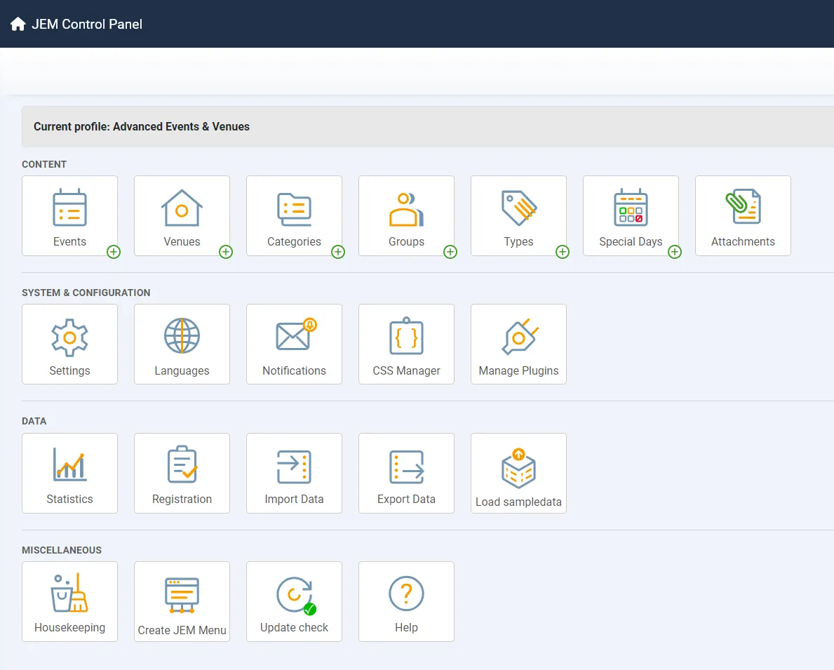 JEM administrator control panel for managing Joomla events and venues
